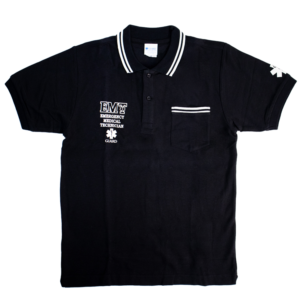 EMTデザイン ポケット付 ライン入り鹿の子ポロシャツ | EMT PARAMEDIC ブラック フロント