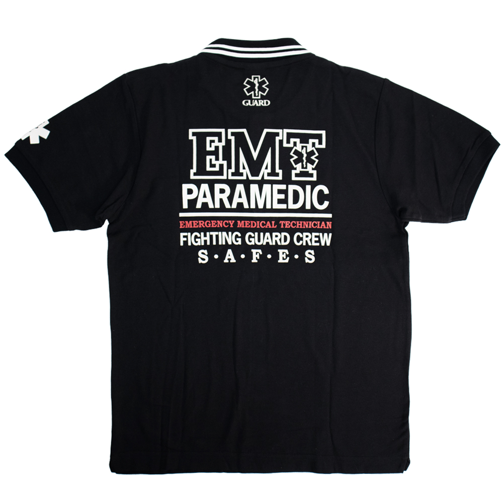 EMTデザイン ポケット付 ライン入り鹿の子ポロシャツ | EMT PARAMEDIC ブラック バック