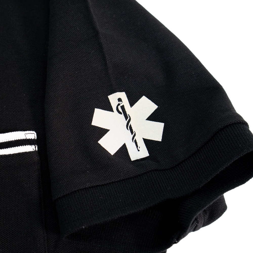 EMTデザイン ポケット付 ライン入り鹿の子ポロシャツ | EMT PARAMEDIC ブラック詳細 袖プリント