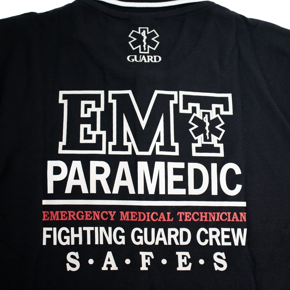 EMTデザイン ポケット付 ライン入り鹿の子ポロシャツ | EMT PARAMEDIC ブラック詳細 バックプリント