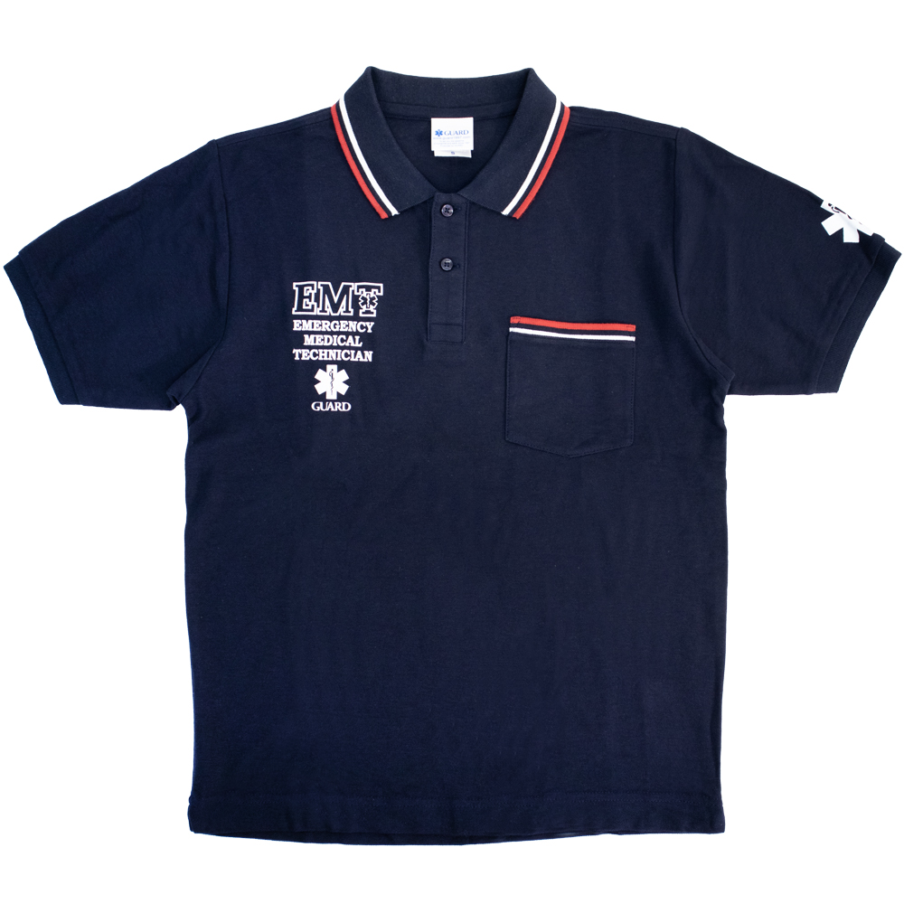EMTデザイン ポケット付 ライン入り鹿の子ポロシャツ | EMT PARAMEDIC ネイビー フロント