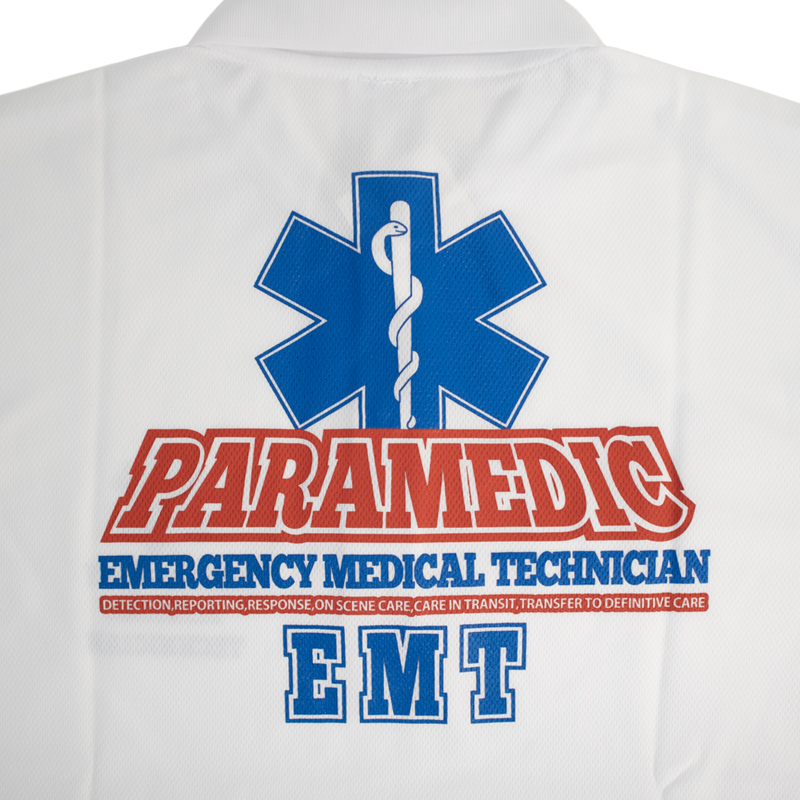 PARAMEDICデザイン ドライ素材ポロシャツ | STAR OF LIFE ホワイト バックプリント
